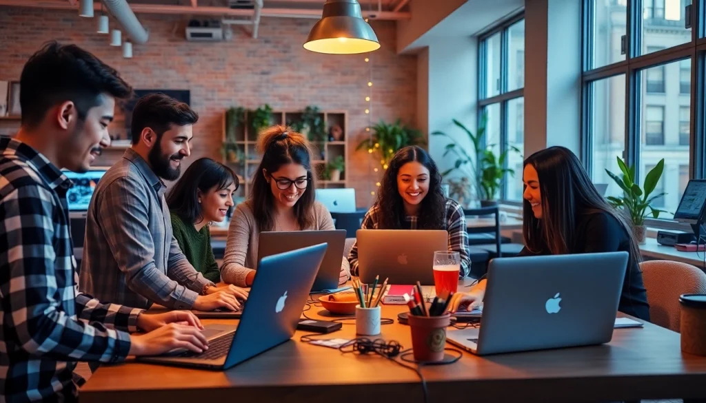 Young professionals collaborating on Nebenjob projects in a stylish workspace.
